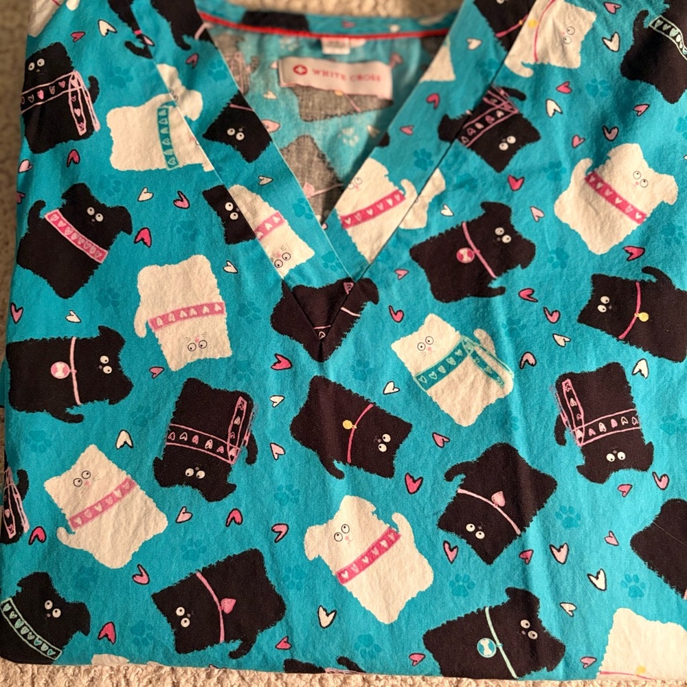 White Cross Scrub Top with Dog Print